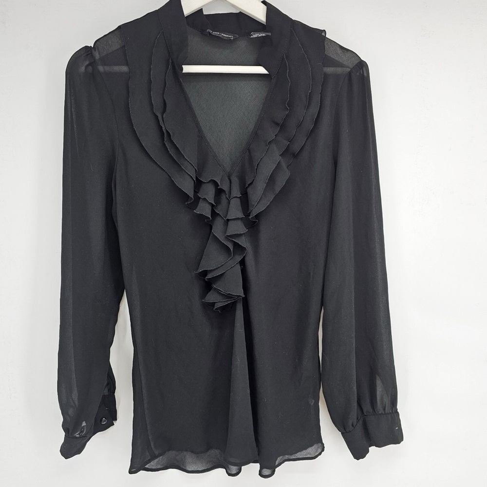 New York & Company Black Ruffle Chiffon Sheer Blouse Top Shirt 6